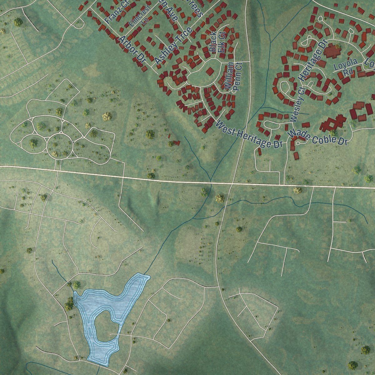 Second close-up of the map of Elon, North Carolina print showing more streets and buildings