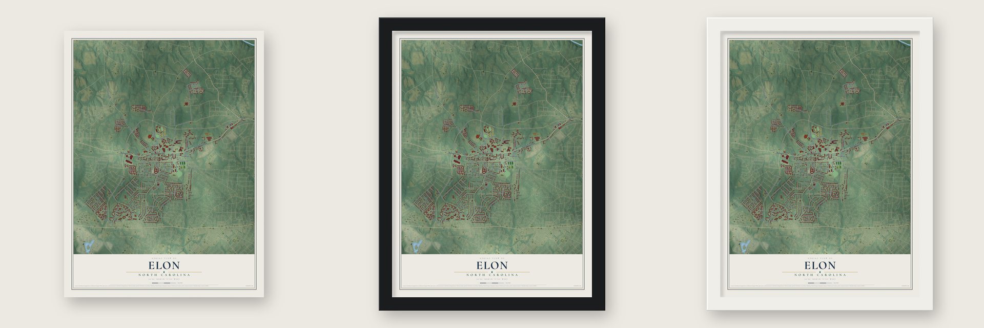 Elon, North Carolina map unframed, in a black wood frame and in a white wood frame