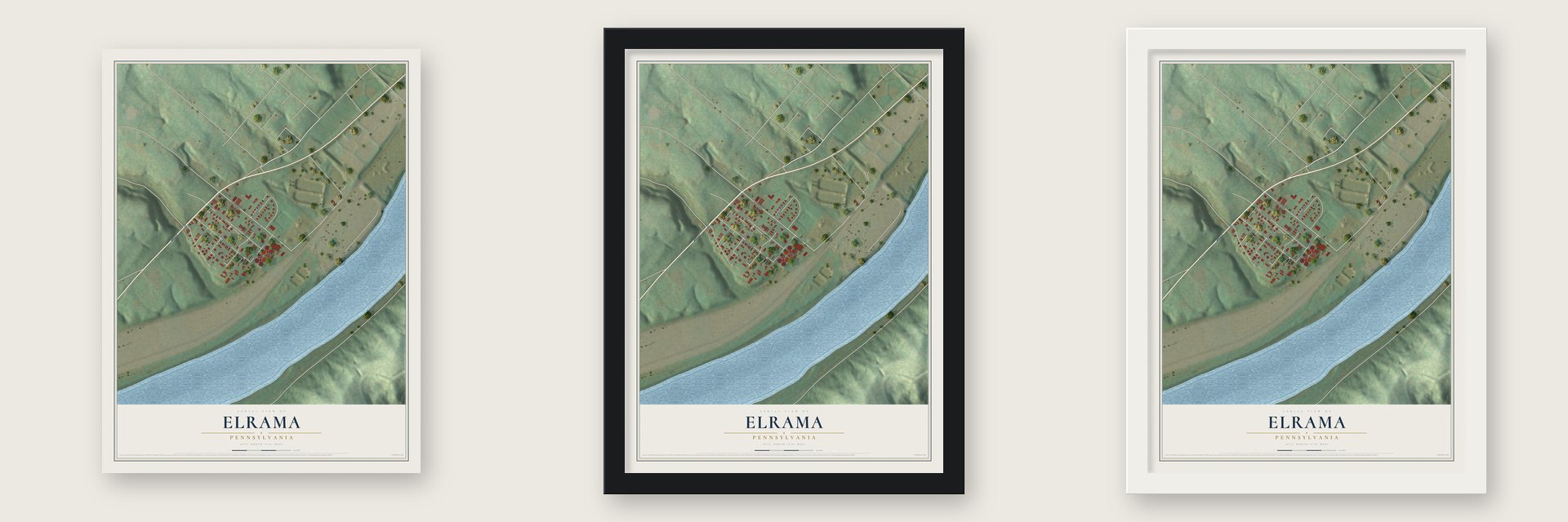 Elrama, Pennsylvania map unframed, in a black wood frame and in a white wood frame