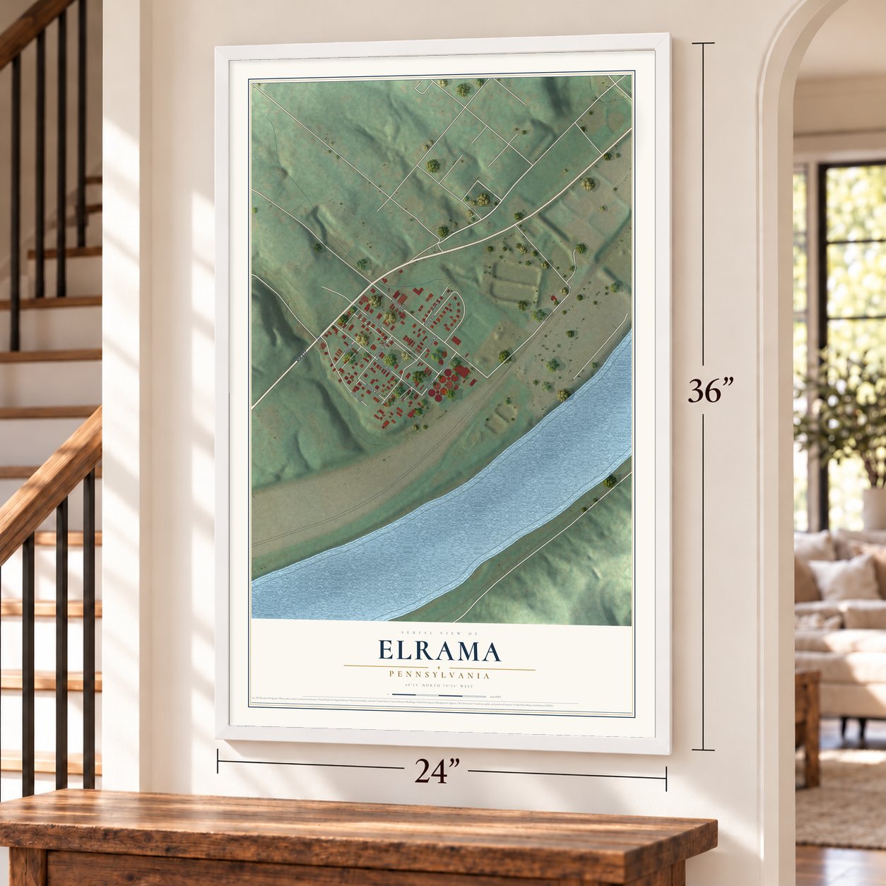 Elrama, Pennsylvania map, 24 x 36 inch print in a white frame by a staircase