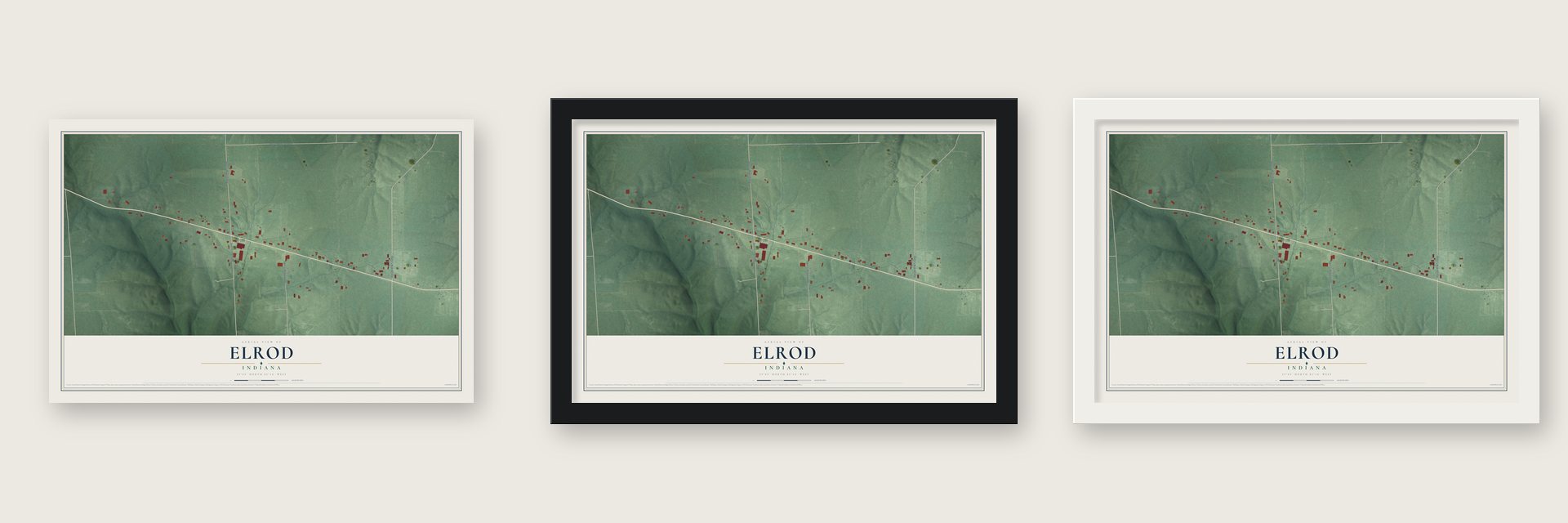 Elrod, Indiana map unframed, in a black wood frame and in a white wood frame