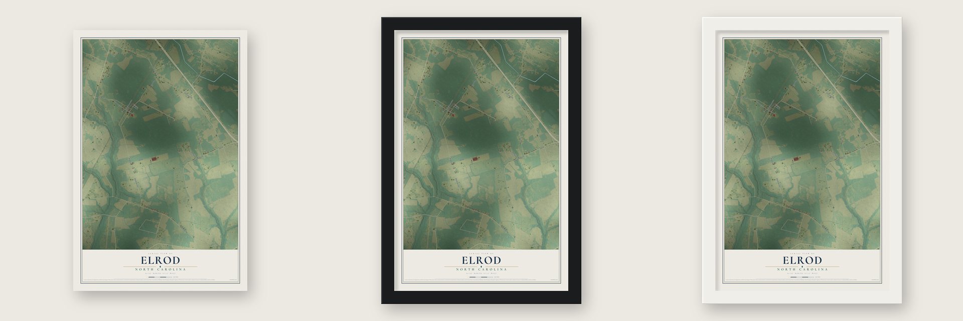 Elrod, North Carolina map unframed, in a black wood frame and in a white wood frame