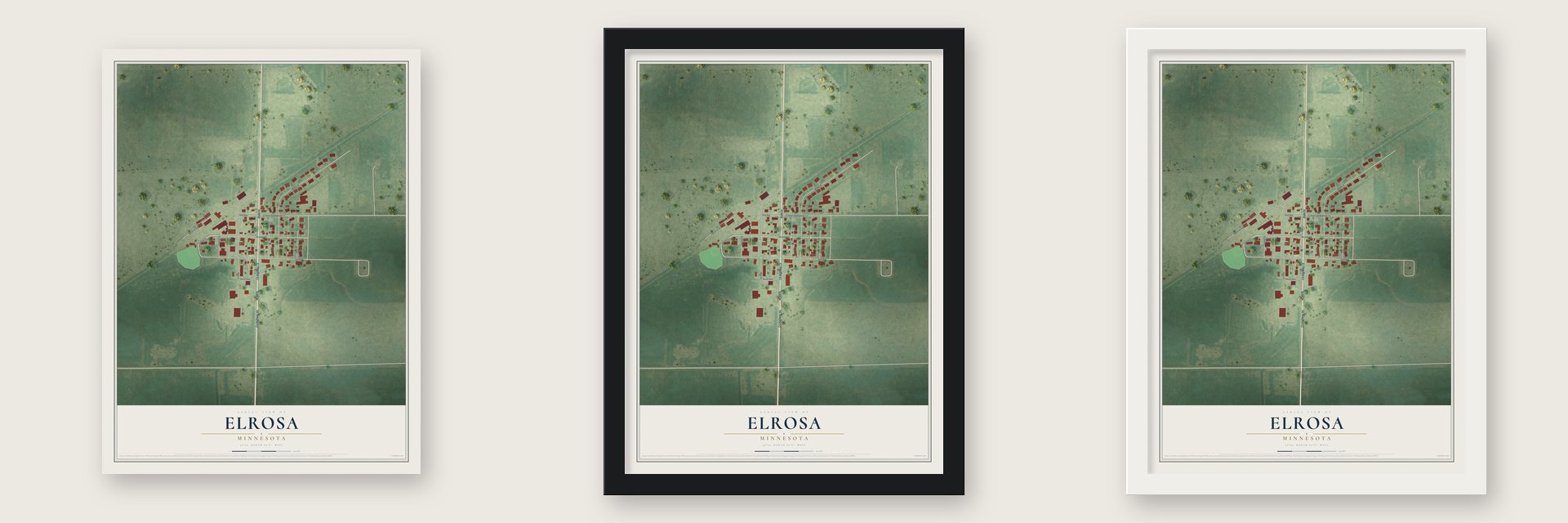 Elrosa, Minnesota map unframed, in a black wood frame and in a white wood frame