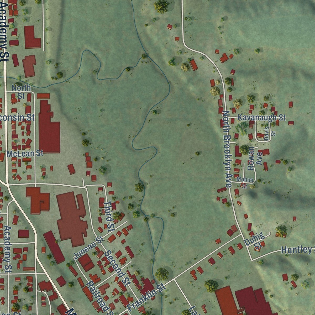 Second close-up of the map of Elroy, Wisconsin print showing more streets and buildings