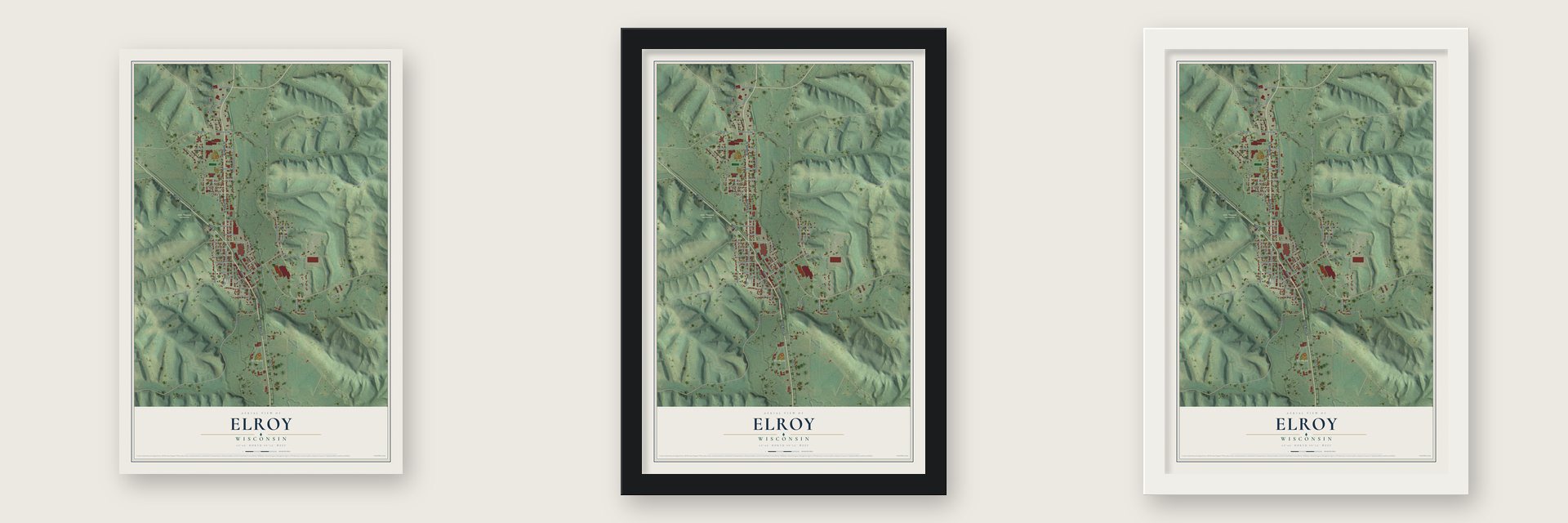 Elroy, Wisconsin map unframed, in a black wood frame and in a white wood frame