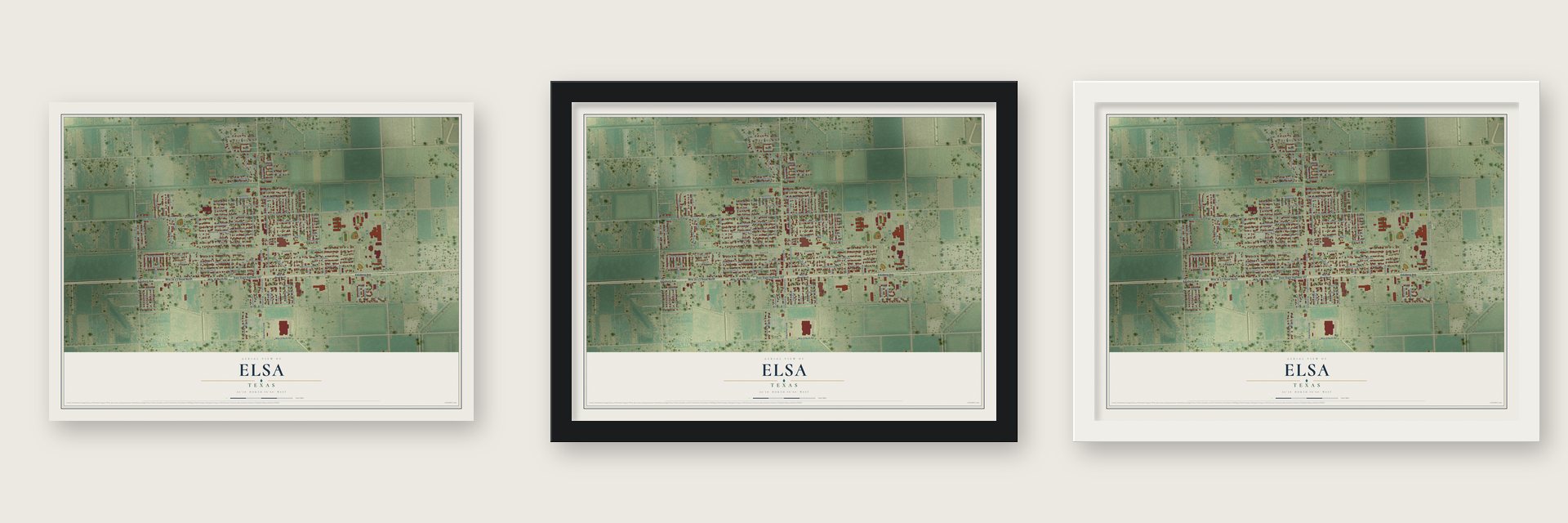 Elsa, Texas map unframed, in a black wood frame and in a white wood frame