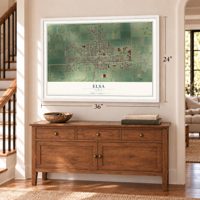 Elsa, Texas map, 24 x 36 inch print in a white frame above a dresser by a staircase