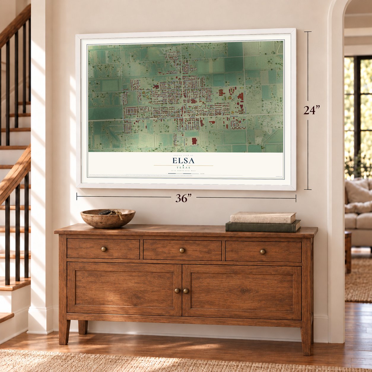 Elsa, Texas map, 24 x 36 inch print in a white frame above a dresser by a staircase