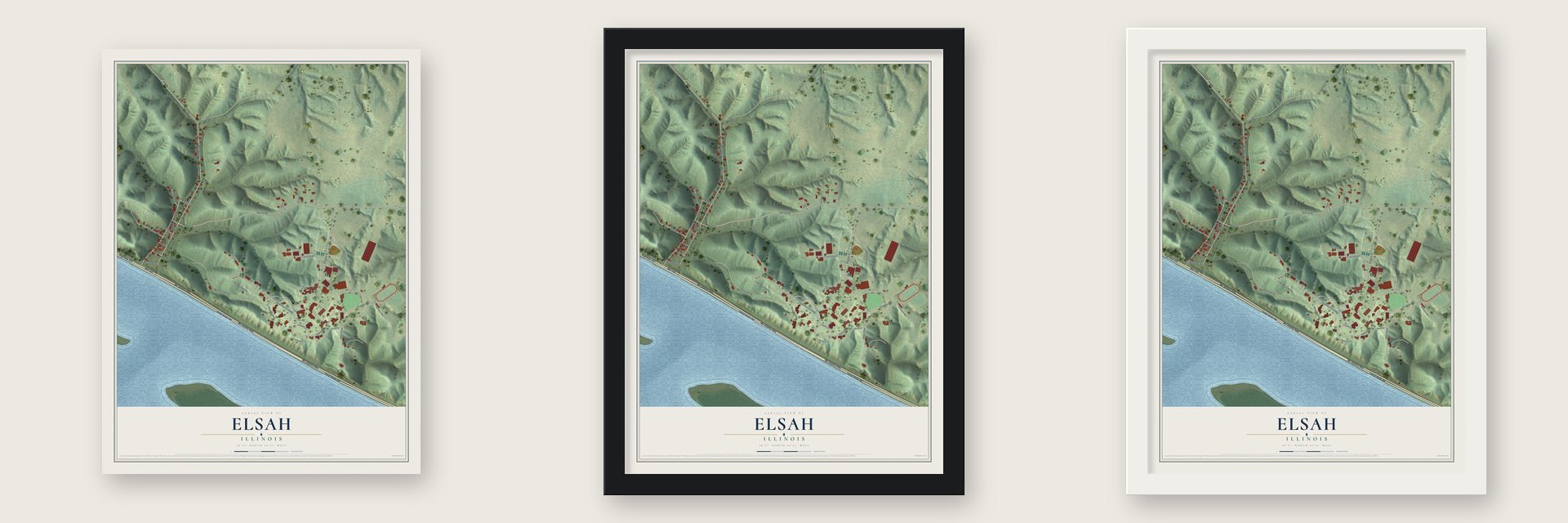 Elsah, Illinois map unframed, in a black wood frame and in a white wood frame