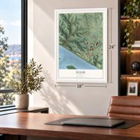 Elsah, Illinois map, 18 x 24 inch print in a white frame in a home office