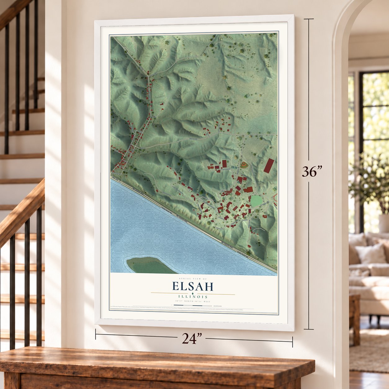 Elsah, Illinois map, 24 x 36 inch print in a white frame by a staircase