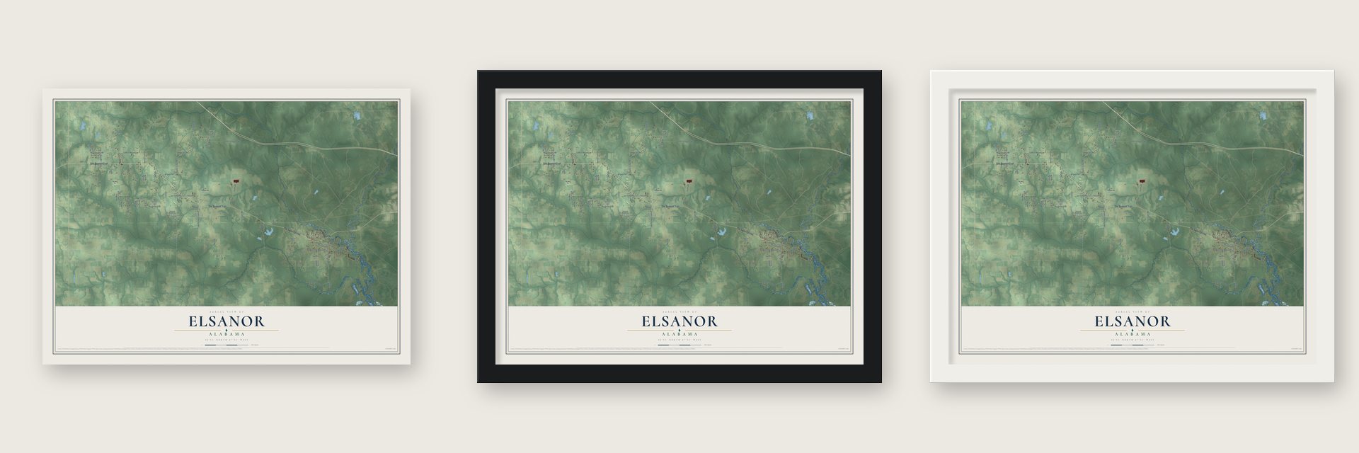 Elsanor, Alabama map unframed, in a black wood frame and in a white wood frame