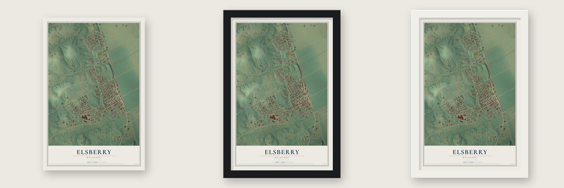 Elsberry, Missouri map unframed, in a black wood frame and in a white wood frame