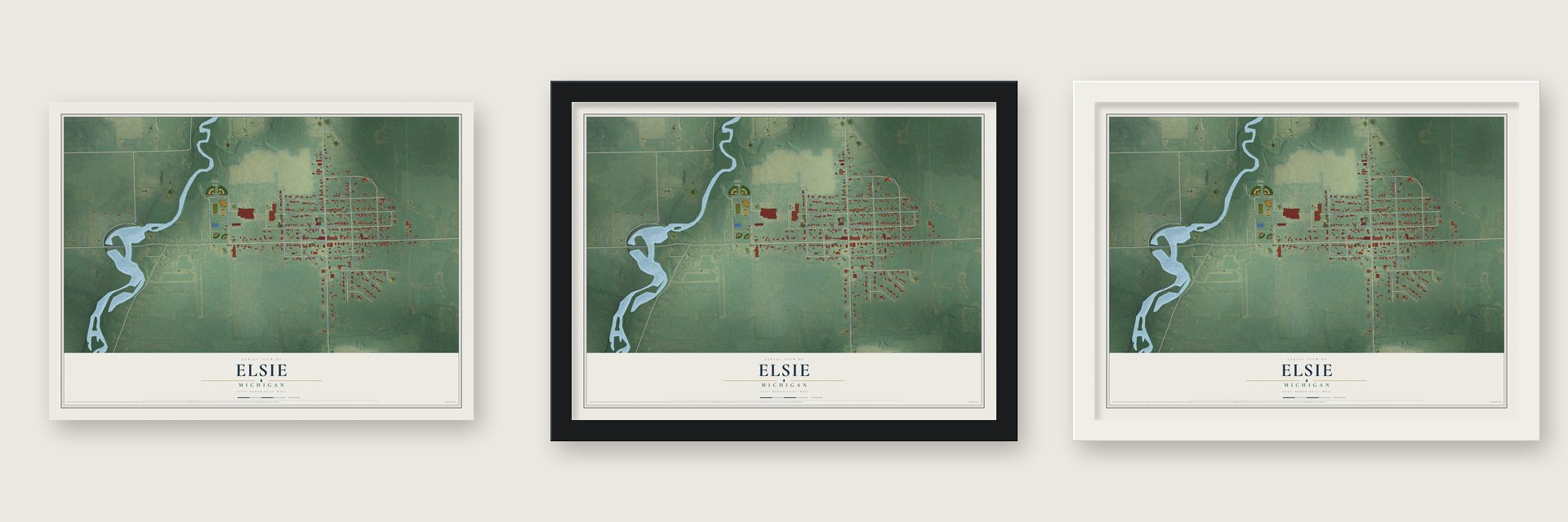 Elsie, Michigan map unframed, in a black wood frame and in a white wood frame