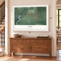 Elsie, Michigan map, 24 x 36 inch print in a white frame above a dresser by a staircase