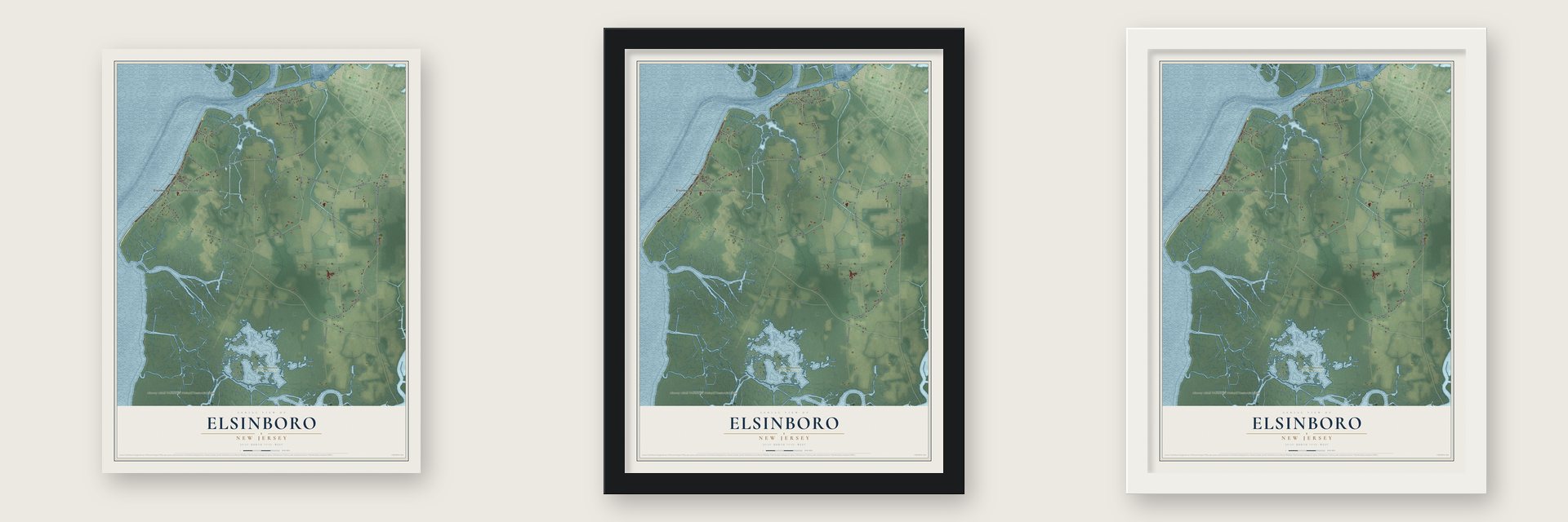 Elsinboro, New Jersey map unframed, in a black wood frame and in a white wood frame