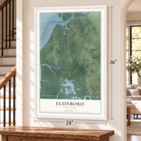 Elsinboro, New Jersey map, 24 x 36 inch print in a white frame by a staircase