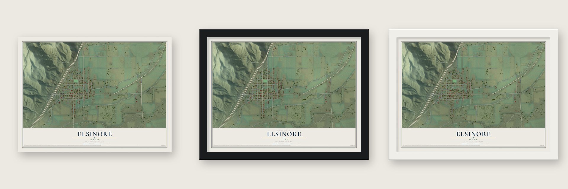 Elsinore, Utah map unframed, in a black wood frame and in a white wood frame