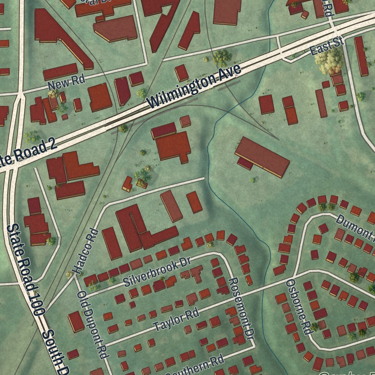 Second close-up of the map of Elsmere, Delaware print showing more streets and buildings