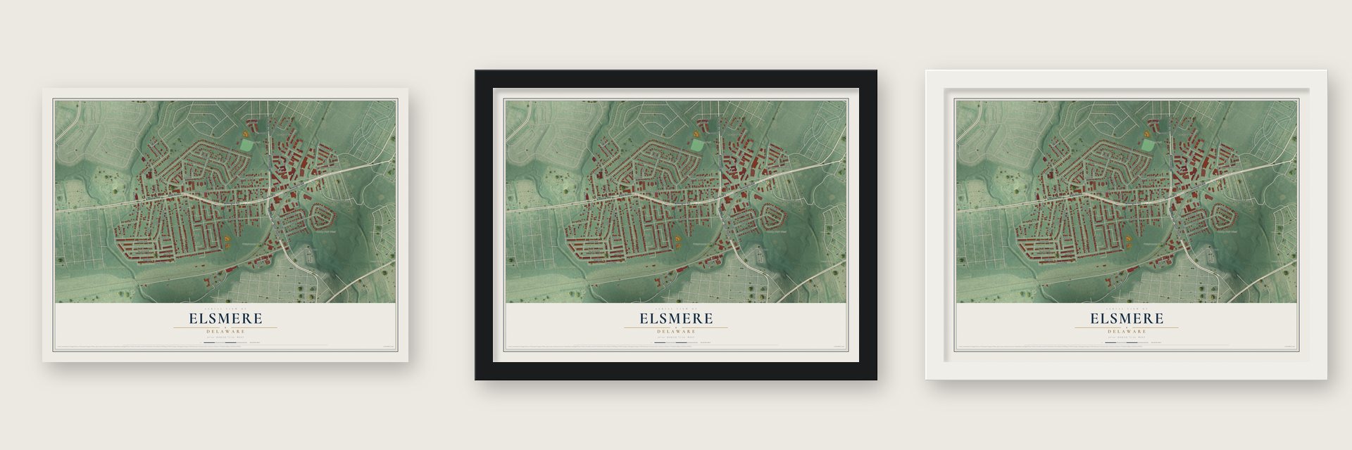 Elsmere, Delaware map unframed, in a black wood frame and in a white wood frame