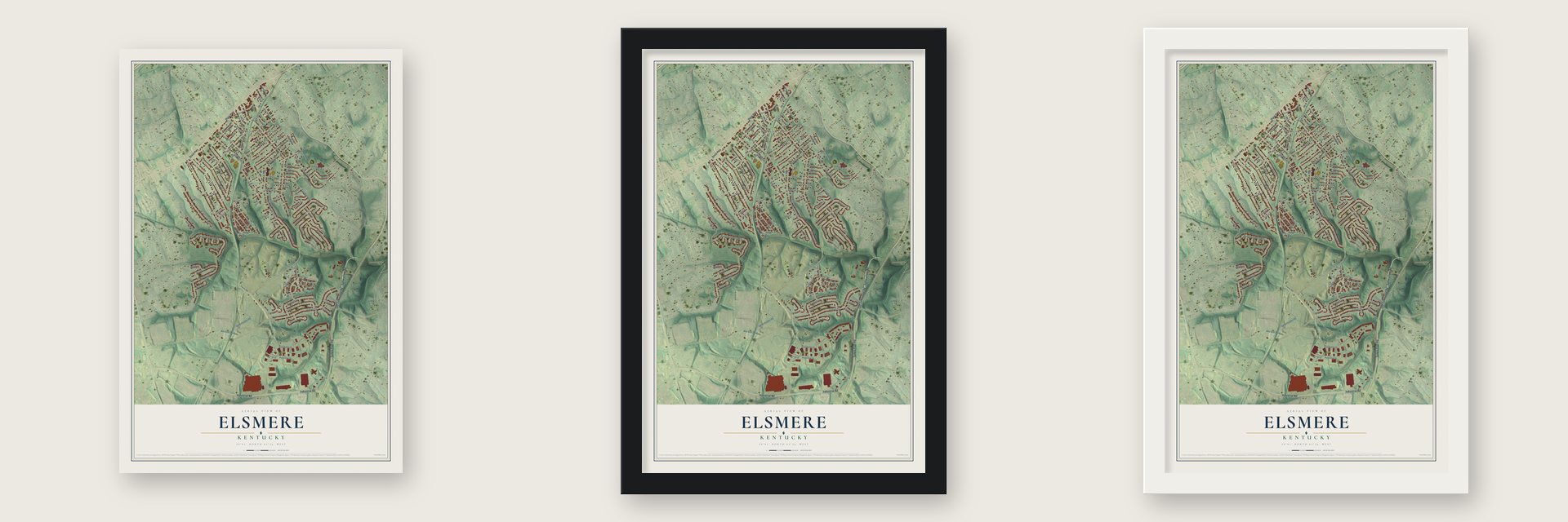 Elsmere, Kentucky map unframed, in a black wood frame and in a white wood frame