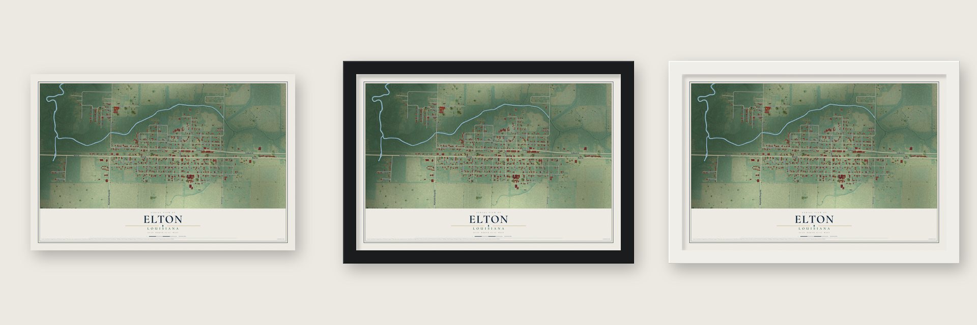 Elton, Louisiana map unframed, in a black wood frame and in a white wood frame