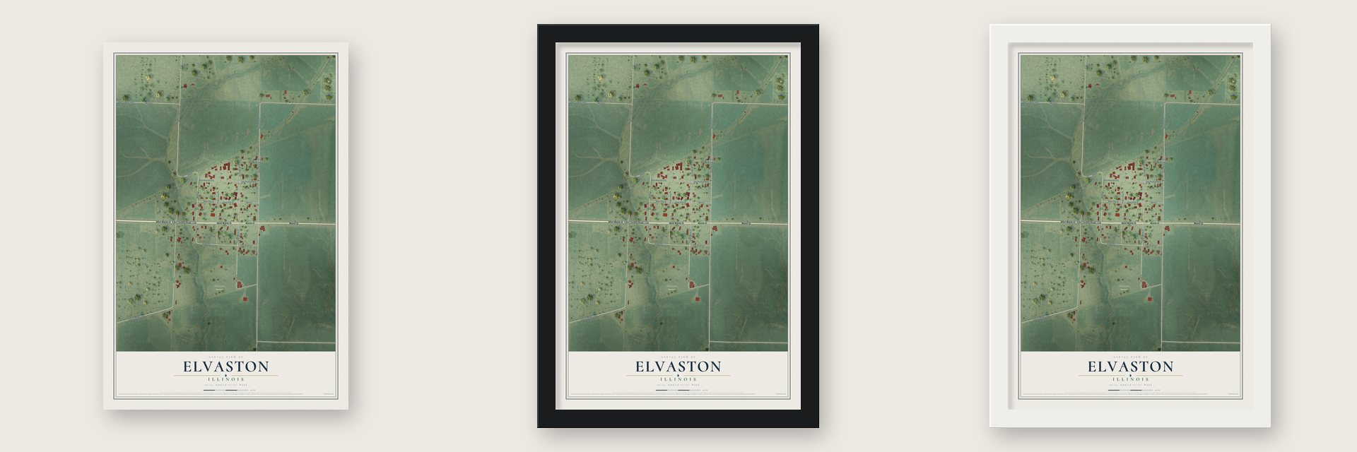 Elvaston, Illinois map unframed, in a black wood frame and in a white wood frame
