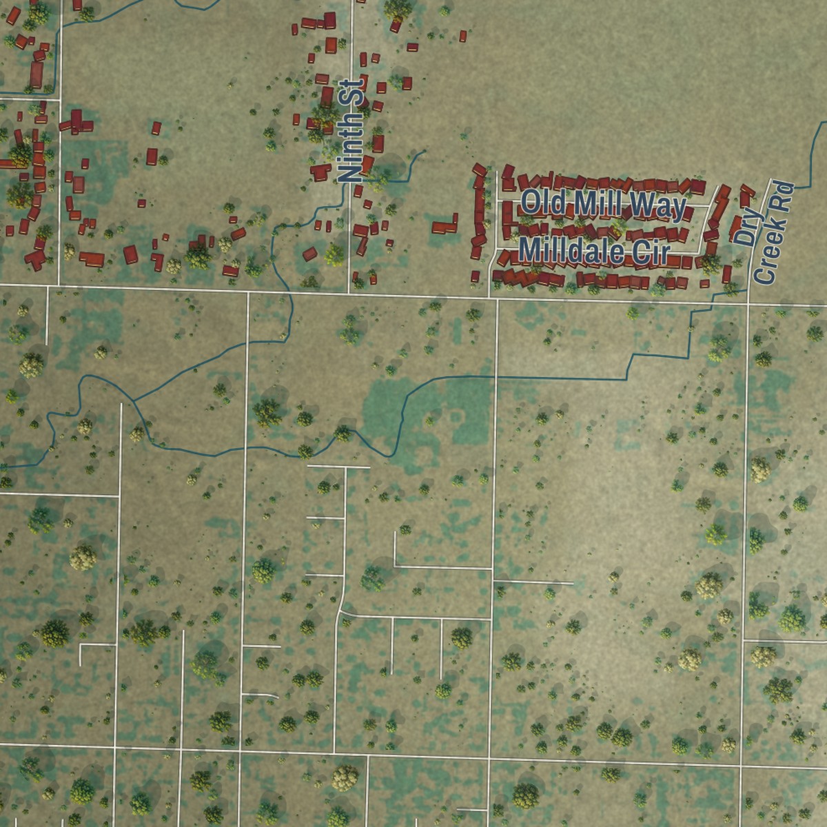 Second close-up of the map of Elverta, California print showing more streets and buildings