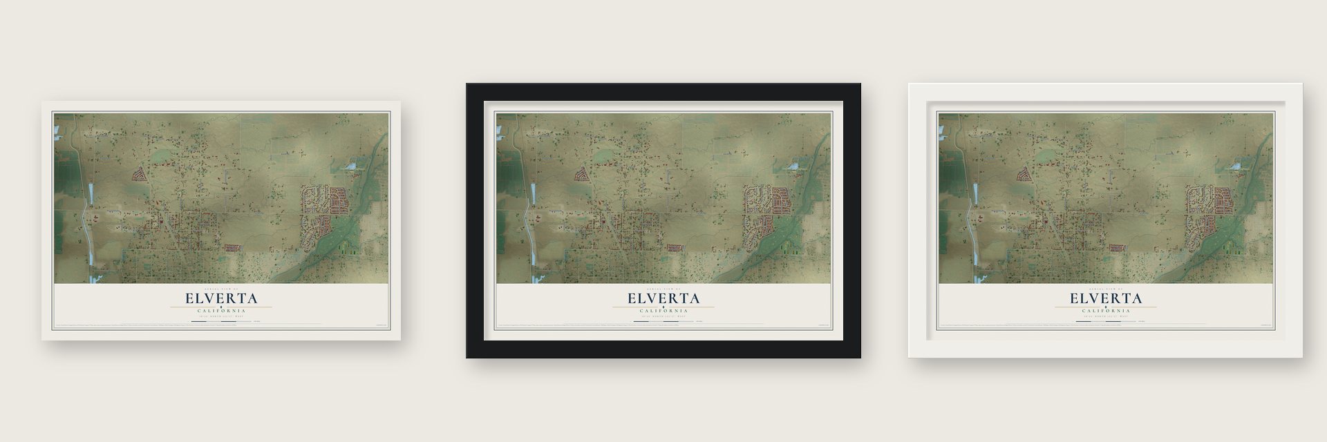 Elverta, California map unframed, in a black wood frame and in a white wood frame