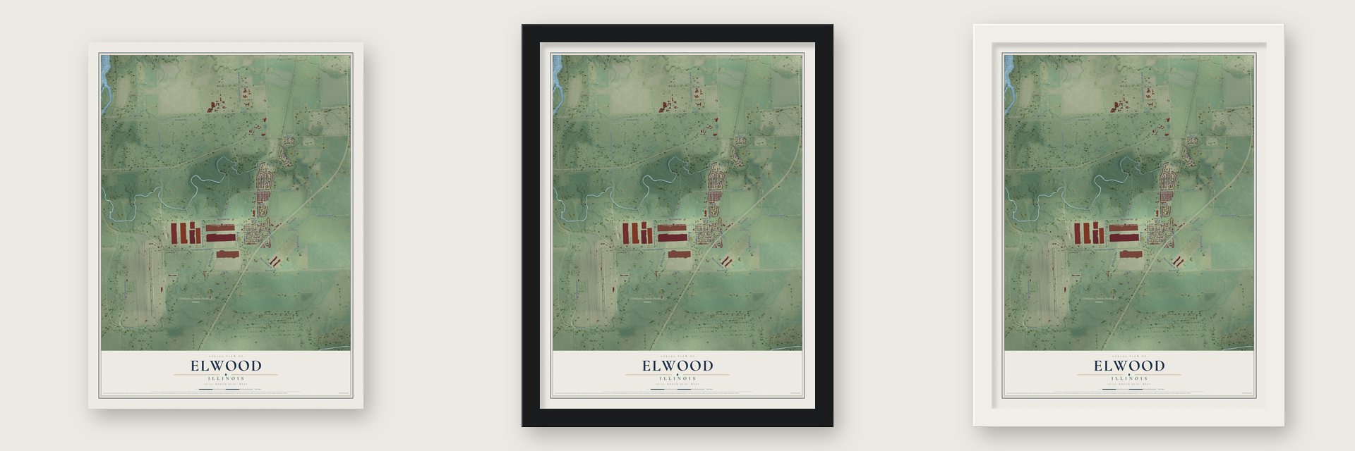 Elwood, Illinois map unframed, in a black wood frame and in a white wood frame