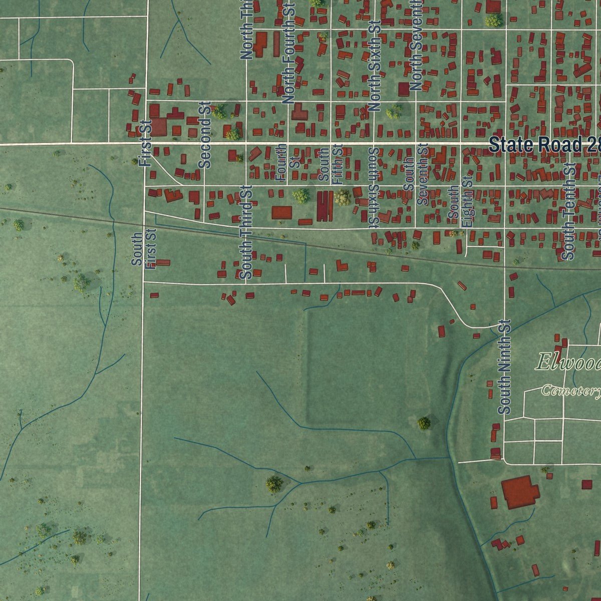 Second close-up of the map of Elwood, Indiana print showing more streets and buildings