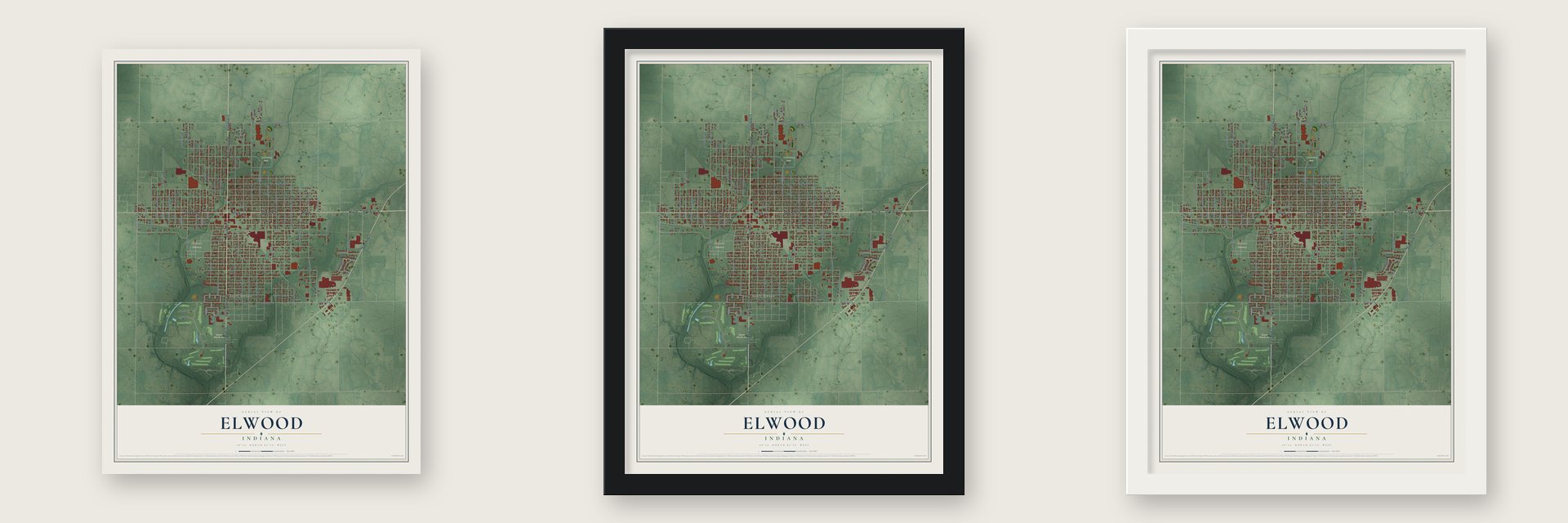 Elwood, Indiana map unframed, in a black wood frame and in a white wood frame