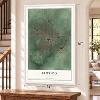 Elwood, Indiana map, 24 x 36 inch print in a white frame by a staircase