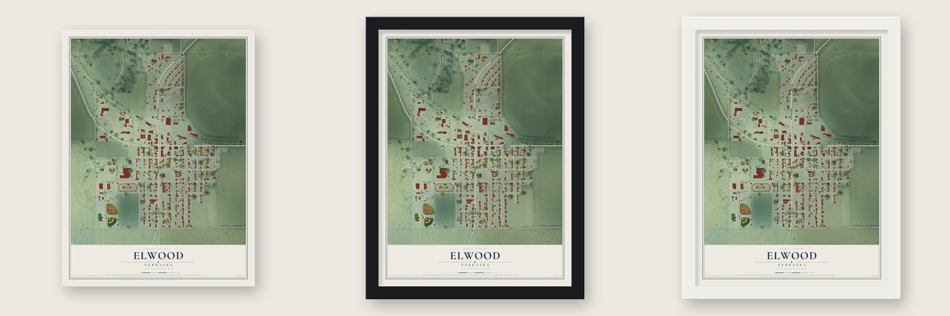 Elwood, Nebraska map unframed, in a black wood frame and in a white wood frame