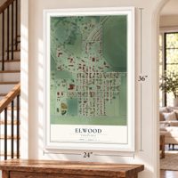 Elwood, Nebraska map, 24 x 36 inch print in a white frame by a staircase