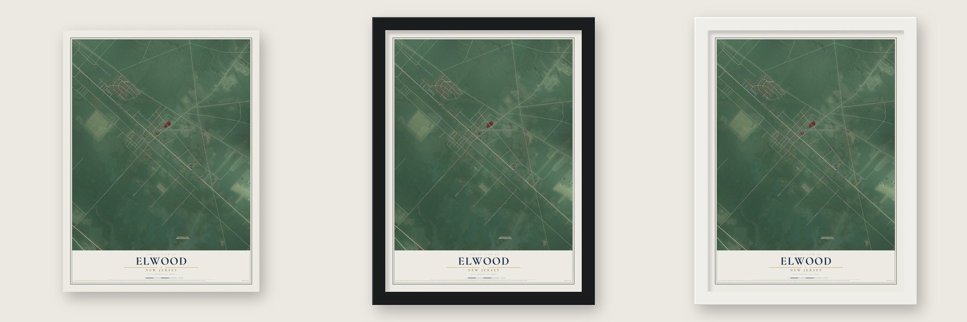 Elwood, New Jersey map unframed, in a black wood frame and in a white wood frame