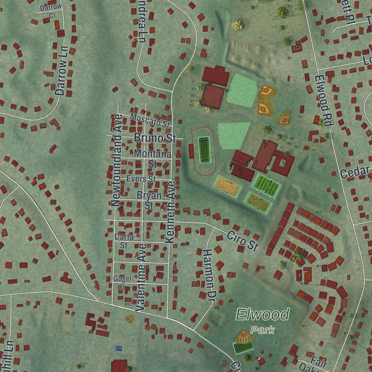 Second close-up of the map of Elwood, New York print showing more streets and buildings