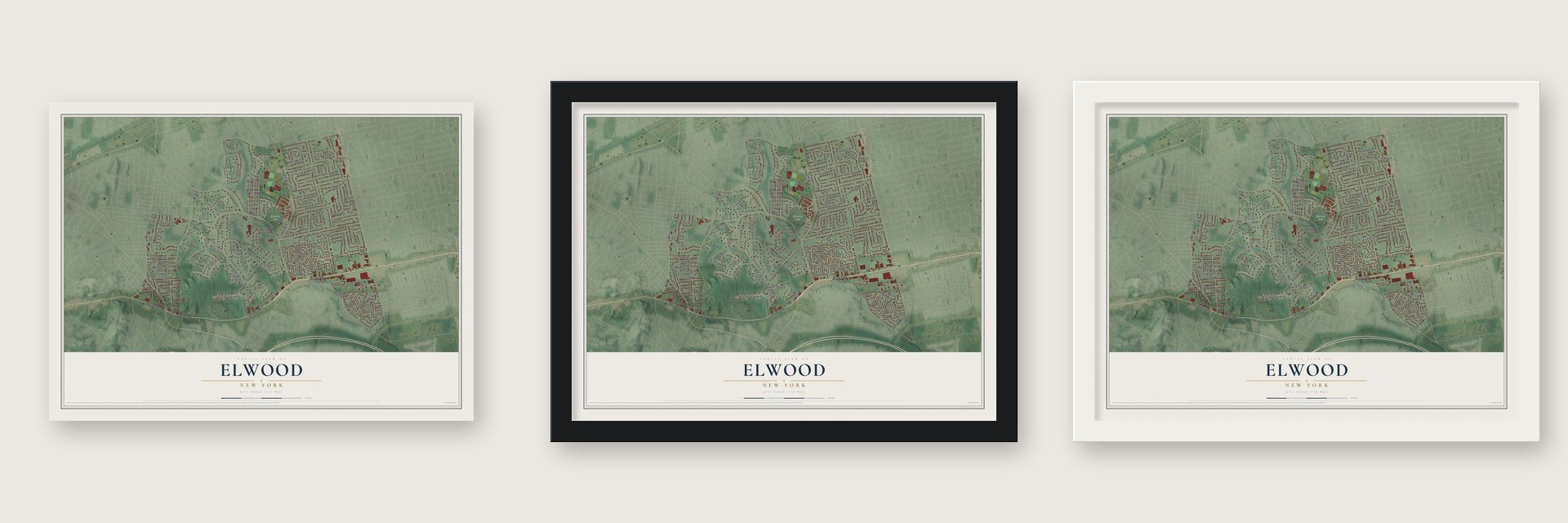 Elwood, New York map unframed, in a black wood frame and in a white wood frame