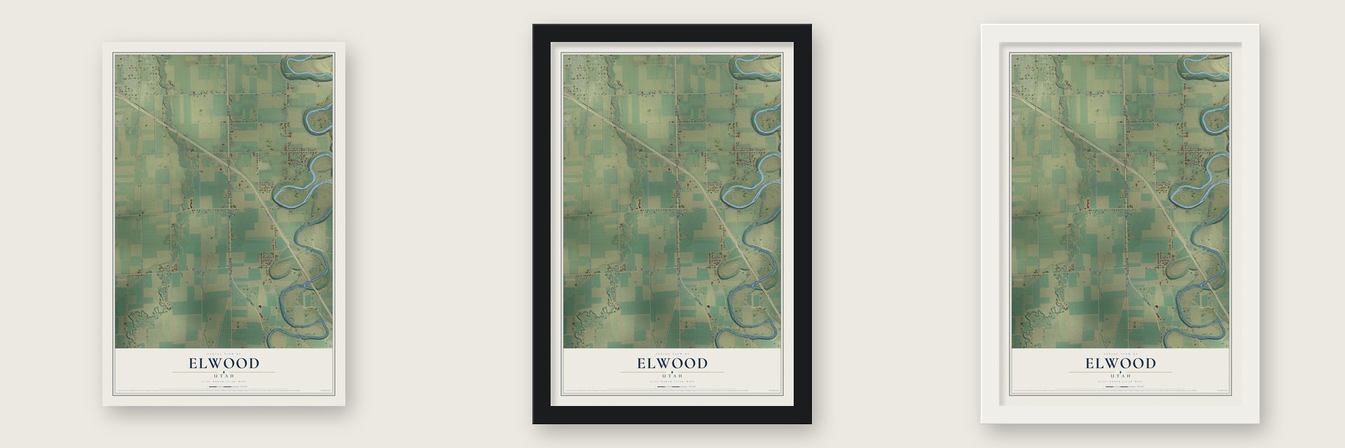 Elwood, Utah map unframed, in a black wood frame and in a white wood frame