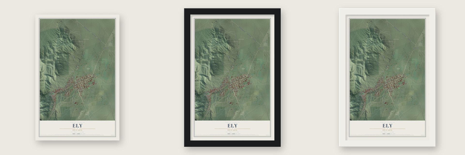 Ely, Nevada map unframed, in a black wood frame and in a white wood frame