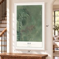 Ely, Nevada map, 24 x 36 inch print in a white frame by a staircase