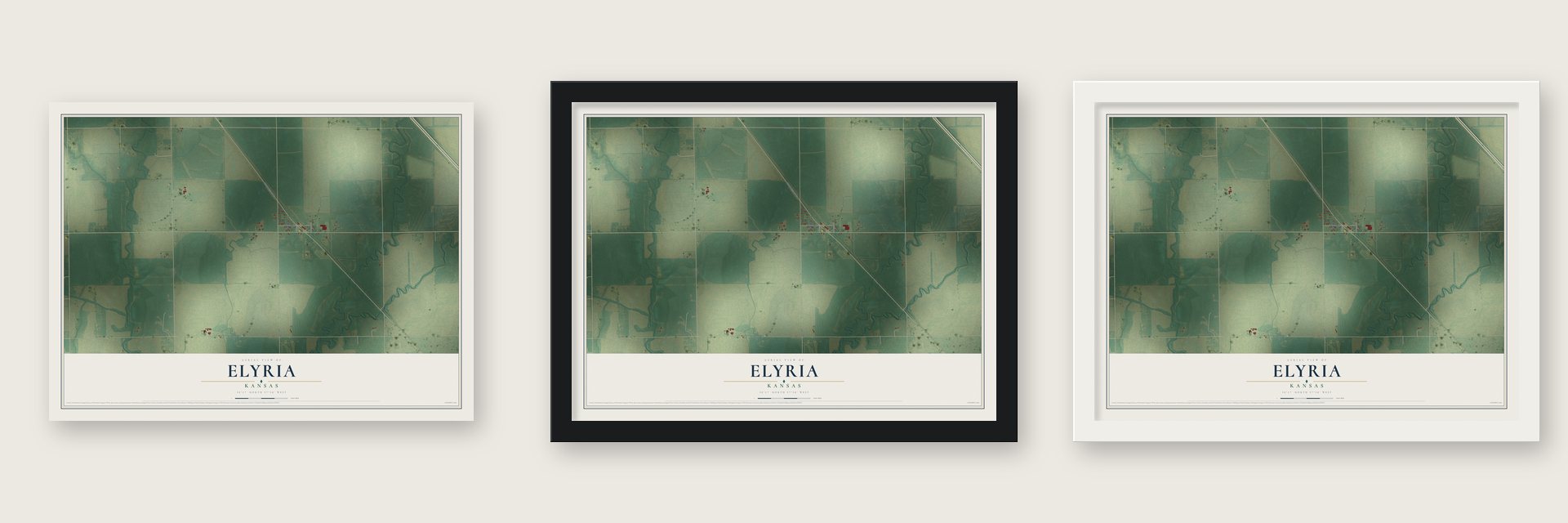 Elyria, Kansas map unframed, in a black wood frame and in a white wood frame