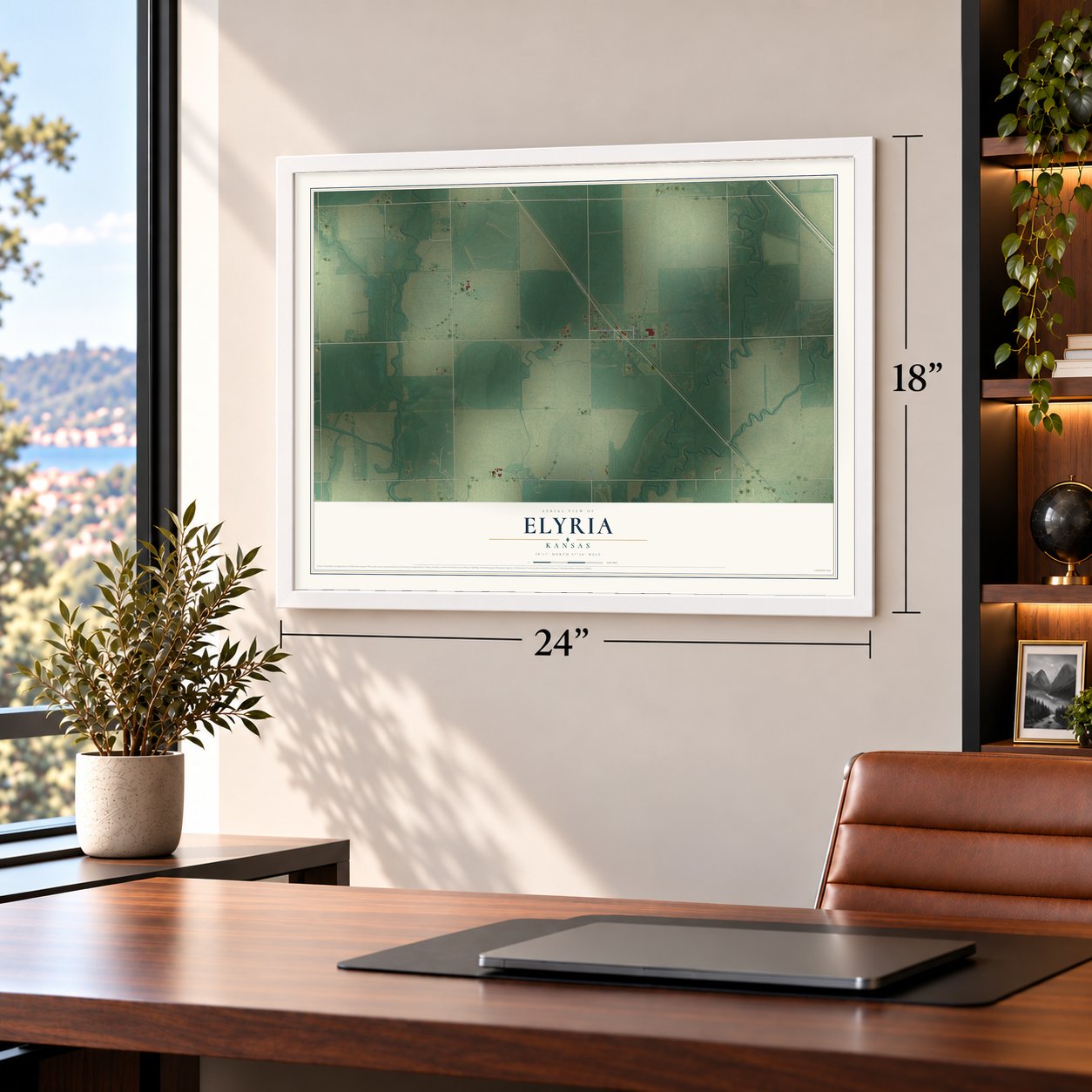 Elyria, Kansas map, 18 x 24 inch print in a white frame in a home office