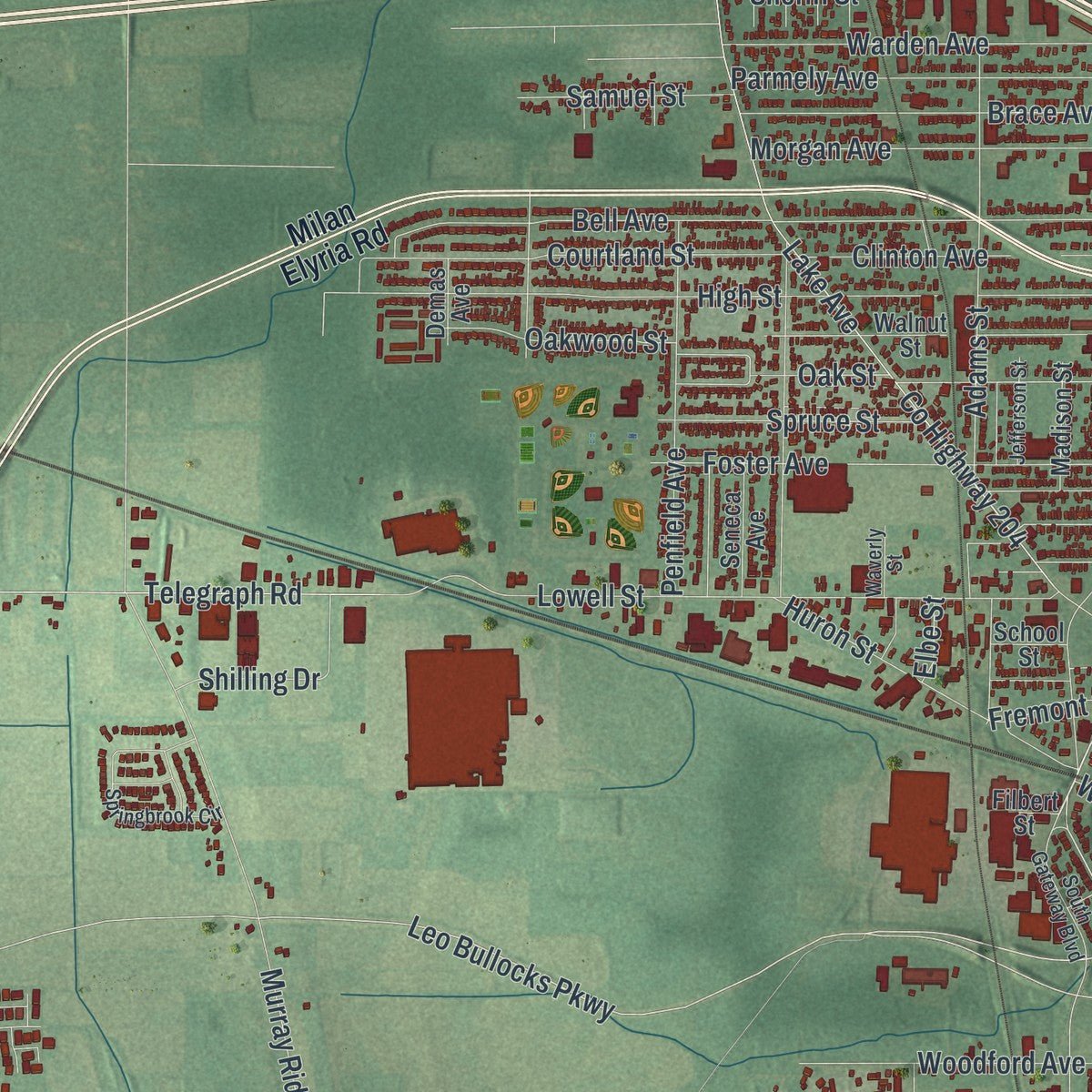 Second close-up of the map of Elyria, Ohio print showing more streets and buildings