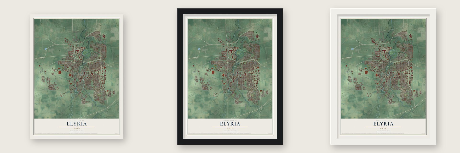 Elyria, Ohio map unframed, in a black wood frame and in a white wood frame