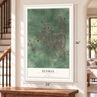 Elyria, Ohio map, 24 x 36 inch print in a white frame by a staircase