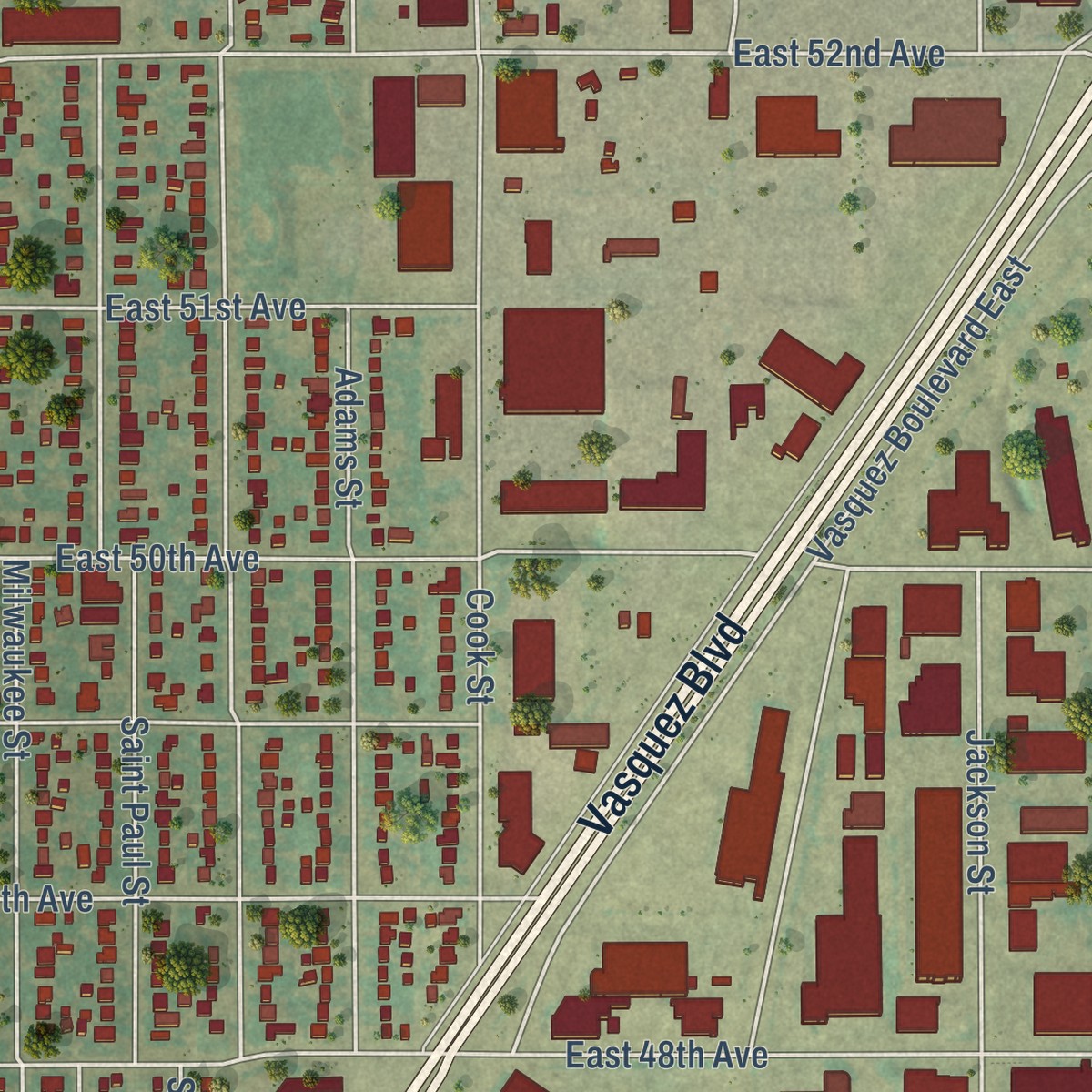 Second close-up of the map of Elyria Swansea, Colorado print showing more streets and buildings