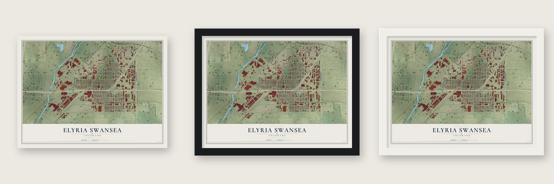Elyria Swansea, Colorado map unframed, in a black wood frame and in a white wood frame