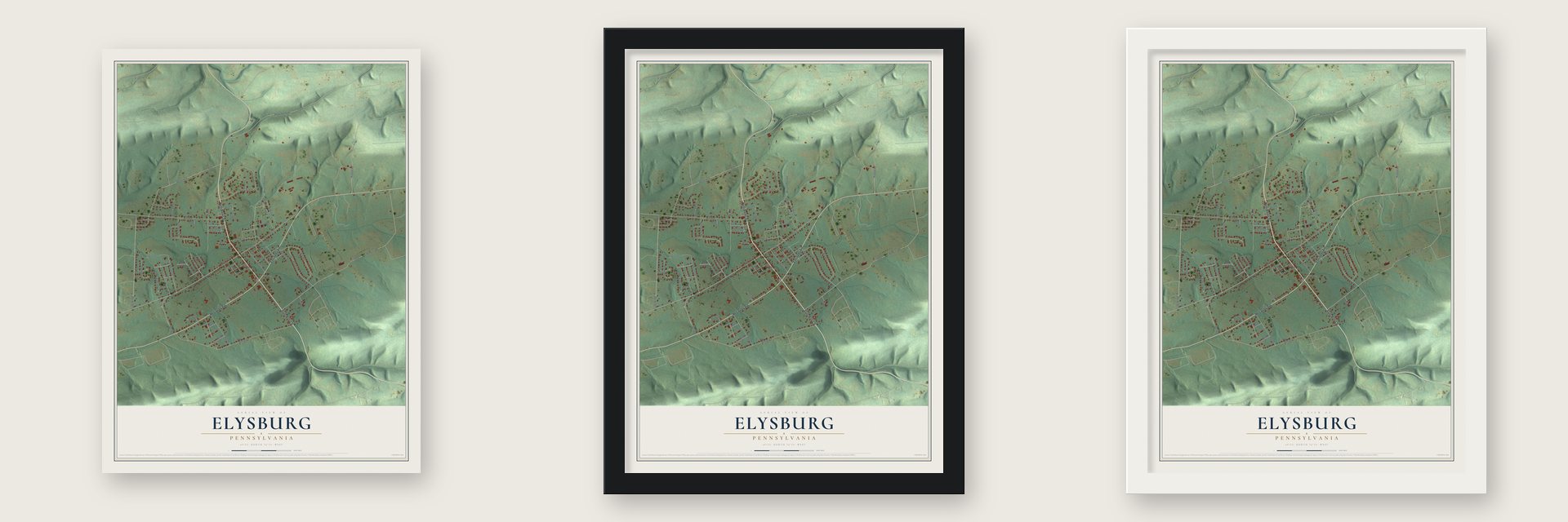 Elysburg, Pennsylvania map unframed, in a black wood frame and in a white wood frame