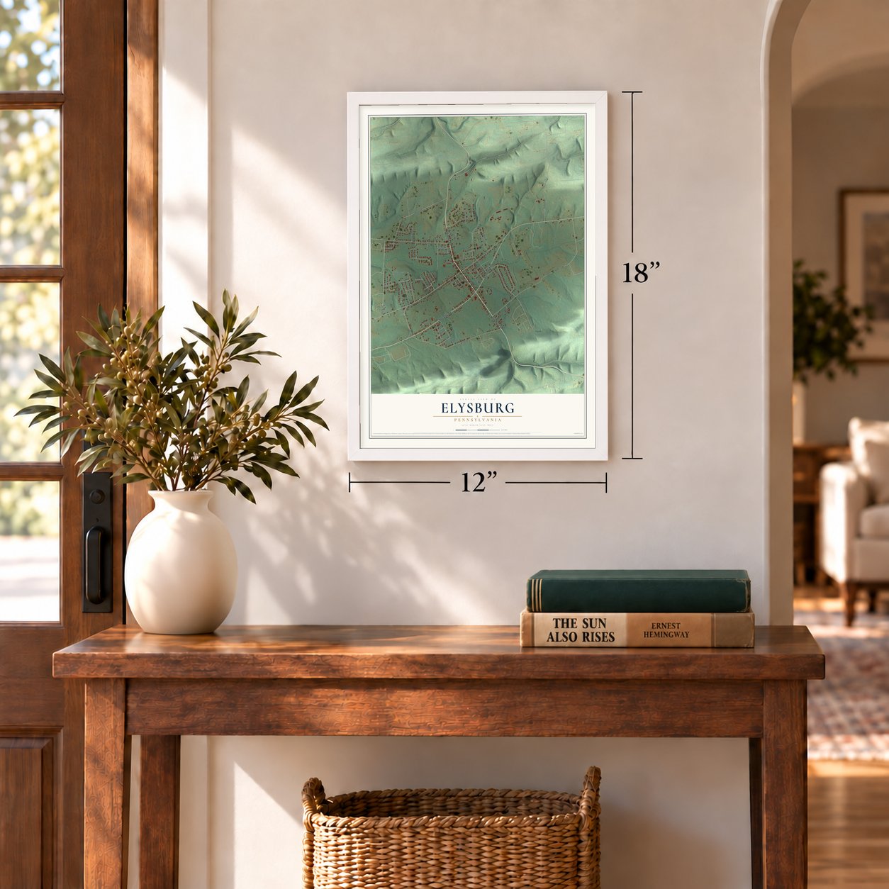 Elysburg, Pennsylvania map, 12 x 18 inch print in a white frame in an entryway